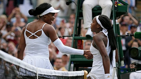 United States’ Cori “Coco” Gauff, right, greets the United States’s Venus Williams at the net after winning their Women’s singles match during day one of the Wimbledon Tennis Championships in London on Monday, July 1, 2019. 