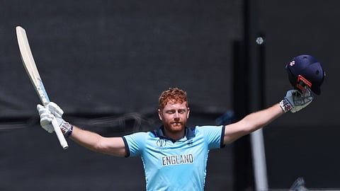 England’s Jonny Bairstow celebrates after scoring a century during the Cricket World Cup match between New Zealand and England in Chester-le-Street, England, Wednesday, July 3, 2019. (AP Photo/Scott Heppell)
