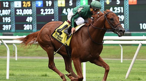 Up The Ante, with Javier Castellano up, wins the 2018 Manila Stakes at Belmont Park (Chelsea Durand)