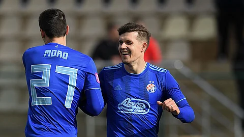 Nikola Moro from Dinamo Zagreb celebrates after scoring during a game in January, 2019.
