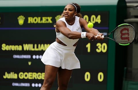 United States’ Serena Williams returns to Germany’s Julia Goerges in a Women’s singles match during day six of the Wimbledon Tennis Championships in London, Saturday, July 6, 2019. (AP Photo/Ben Curtis)  