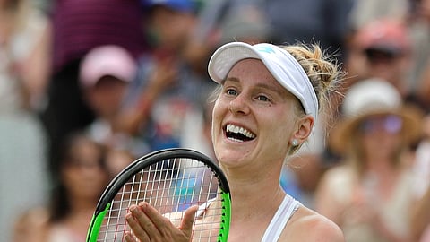 Alison Riske celebrates defeating Ashleigh Barty at Wimbledon last July. Riske will play in the finals of the UTR Pro Match Series Sunday in West Palm Beach. (AP Photo/Ben Curtis)