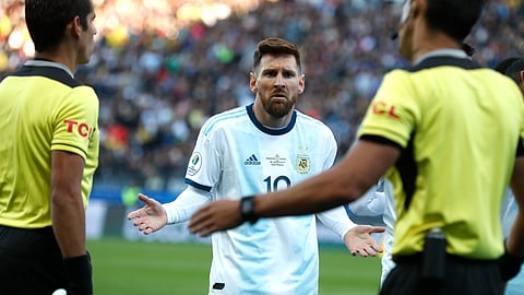 Argentina’s Lionel Messi reacts after receiving a red card during Copa America third-place soccer match against Chile at the Arena Corinthians in Sao Paulo, Brazil, Saturday, July 6, 2019. (AP Photo/Victor R. Caivano) 