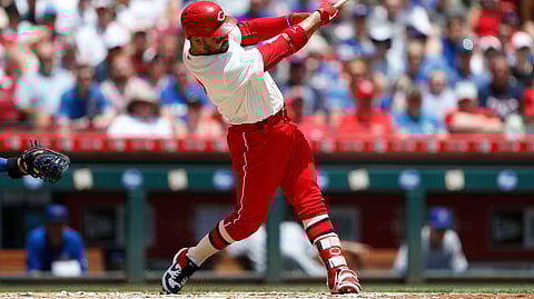 Reds’ Eugenio Suarez hits a three-run home run off Cubs starter Jon Lester on June 30 (Gary Landers)