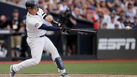Yankees’ Gary Sanchez strokes a two-run single against the Red Sox in London on June 30 (Tim Ireland)