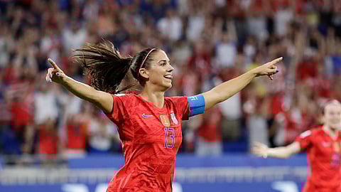 United States’ Alex Morgan celebrates after scoring her side’s second goal during the Women’s World Cup semifinal soccer match between England and the United States, at the Stade de Lyon, outside Lyon, France, Tuesday, July 2, 2019. (AP Photo/Alessandra Tarantino)