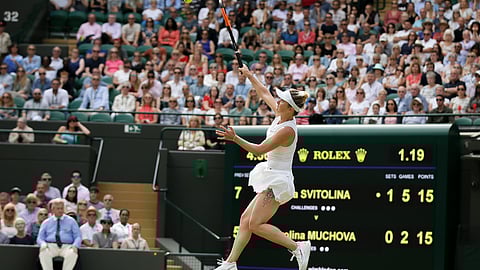 Ukraine’s Elina Svitolina returns the ball to Czech Republic’s Karolina Muchova during a women’s quarterfinal match on day eight of the Wimbledon Tennis Championships in London, Tuesday, July 9, 2019.
