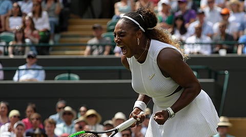 United States’ Serena Williams celebrates winning a point against Spain’s Carla Suarez Navarro in a women’s singles match during day seven of the Wimbledon Tennis Championships in London, Monday, July 8, 2019.