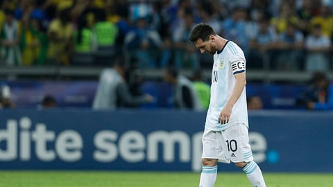 Argentina’s Lionel Messi reacts after Brazil’s Gabriel Jesus scored during the Copa America semifinal soccer match at Mineirao stadium in Belo Horizonte, Brazil, Tuesday, July 2, 2019. (AP Photo/Victor R. Caivano)
