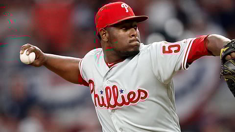 ‘Hector Neris works the ninth inning to preserve the Phillies’ shutout of the Braves on July 2 (John Bazemore)