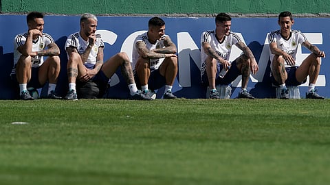 Argentina’s soccer players, from left, Lautaro Martinez Nicolas Otamendi, Leandro Paredes, Rodrigo De Paul and Angel Di Maria relax during a practice session in Rio de Janeiro, Brazil, Saturday, June 29, 2019. (AP Photo/Leo Correa)