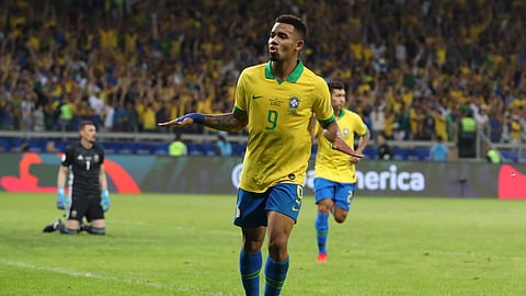 Brazil’s Gabriel Jesus celebrates his side’s 2nd goal scored by teammate Roberto Firmino, back, during a Copa America semifinal soccer match against Argentina at the Mineirao stadium in Belo Horizonte, Brazil, Tuesday, July 2, 2019. (AP Photo/Ricardo Mazalan)