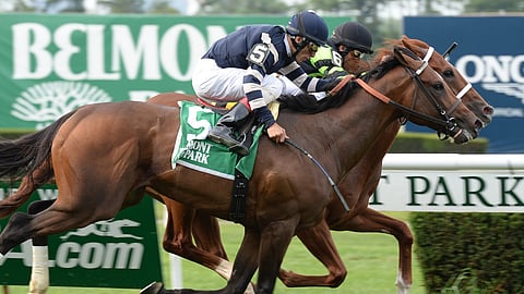 Gallery (hidden) noses out A Lot (5) for victory in the 2015 Manila Stakes at Belmont (Susie Raisher)