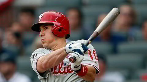 Philadelphia Phillies’ J.T. Realmuto drives in a run with a base hit during the first inning of the team’s baseball game against the Atlanta Braves on July 4, 2019.