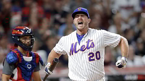 Pete Alonso, of the New York Mets, reacts during the Major League Baseball Home Run Derby, Monday, July 8, 2019, in Cleveland. (AP Photo/Tony Dejak)