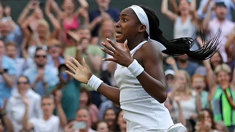 United States’ Cori “Coco” Gauff celebrates after beating Slovenia’s Polona Hercog on  July 5 (Ben Curtis)
