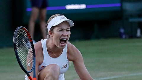 United States’ Danielle Collins celebrates beating Latvia’s Anastasija Sevastova in a Women’s singles match during day three of the Wimbledon Tennis Championships in London, Wednesday, July 3, 2019. (AP Photo/Ben Curtis)