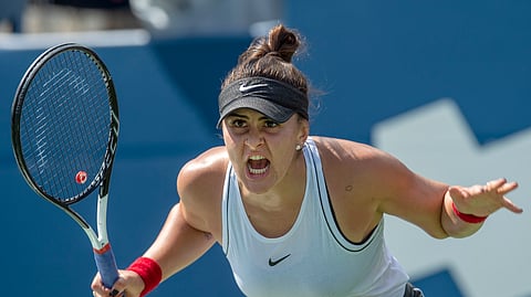 Bianca Andreescu of Canada reacts during her match against Kiki Bertens of the Netherlands during the Rogers Cup women’s tennis tournament Thursday, Aug. 8, 2019, in Toronto. (Frank Gunn/The Canadian Press via AP)