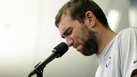 Indianapolis Colts quarterback Andrew Luck speaks during a news conference following the team's NFL preseason football game against the Chicago Bears, Saturday, Aug. 24, 2019, in Indianapolis. The oft-injured star is retiring at age 29.
