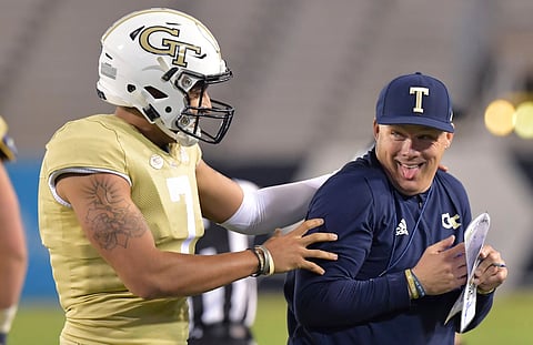 Neither Georgia Tech quarterback Lucas Johnson (left) nor head coach Geoff Collins will be happy to see Clemson Thursday (Hyosub Shin/Atlanta Journal-Constitution)