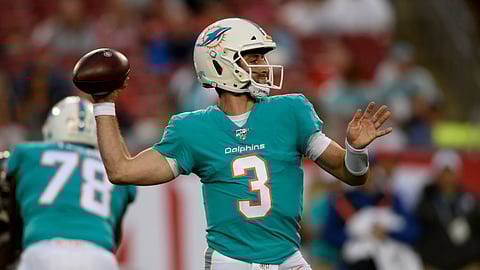 Miami Dolphins quarterback Josh Rosen (3) throws a pass against the Tampa Bay Buccaneers during the first half of an NFL preseason football game on Aug. 16, 2019 in Tampa, Florida.