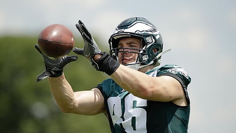 Philadelphia Eagles tight end Zach Ertz catches a pass at the NFL football team's training camp in Philadelphia, Thursday, July 25, 2019.