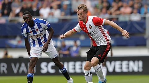 Feyenoord, in the red and white, plays Hapoel Beer Sheva in UEGA Europa League Playoffs First Leg.