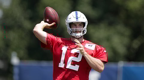 In this Thursday, July 25, 2019 file photo, Indianapolis Colts quarterback Andrew Luck (12) throws during practice at the NFL team's football training camp in Westfield, Indiana.
