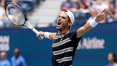 Thomas Fabbiano, of Italy, reacts after defeating Dominic Thiem, of Austria, during the first round of the US Open tennis tournament Tuesday, Aug. 27, 2019, in New York. (AP Photo/Michael Owens)