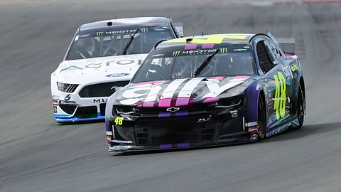 Jimmie Johnson (48) heads into Turn 1 during a practice for the NASCAR Cup Series auto race at Watkins Glen International, Saturday, Aug. 3, 2019, in Watkins Glen, N.Y.