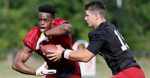 Iowa State quarterback Brock Purdy hands off to running back Kene Nwangwu during practice on Aug. 2 (Charlie Neibergall)