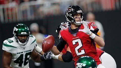 Atlanta Falcons quarterback Matt Ryan (2) works in the pocket during the first half an NFL preseason football game against the New York Jets on Aug. 15, 2019.