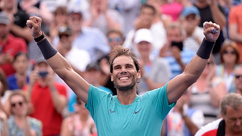 Spain's Rafael Nadal celebrates his win over Russia's Daniil Medvedev in the final of the Rogers Cup tennis tournament in Montreal, Sunday, Aug. 11, 2019. (Paul Chiasson/The Canadian Press via AP)