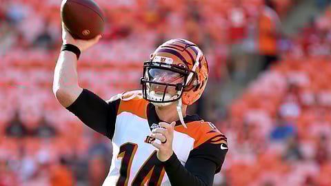 Cincinnati Bengals quarterback Andy Dalton warms up before an NFL preseason football game against the Kansas City Chiefs in Kansas City, Mo., Saturday, Aug. 10, 2019.