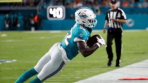 Miami Dolphins wide receiver Preston Williams catches a pass during the first half of the team'ss preseason NFL football game against the Atlanta Falcons, Thursday, Aug. 8, 2019, in Miami Gardens, Fla. (AP Photo/Brynn Anderson)
