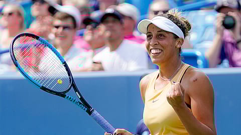Madison Keys, of the United States, celebrates after defeating Svetlana Kuznetsova, of Russia, in the women's final match during the Western & Southern Open tennis tournament Sunday, Aug. 18, 2019, in Mason, Ohio. (AP Photo/John Minchillo)