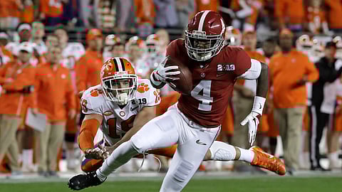 Alabama’s Jerry Jeudy, who earned the Fred Biletnikoff Award as college football’s most outstanding receiver last season, is among a couple of standout players seeking repeats in the race for college football’s top individual awards this season. (AP Photo/Chris Carlson, File)