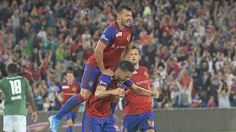 In this August 2019 file photo, Basel celebrates a win over PSV in the UEFA Champions League.
