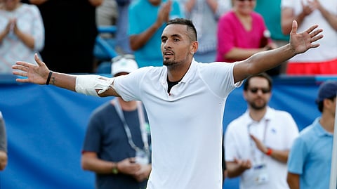 Nick Kyrgios, of Australia, reacts after defeating Daniil Medvedev, of Russia, in a final match at the Citi Open tennis tournament, Sunday, Aug. 4, 2019, in Washington. (AP Photo/Patrick Semansky)