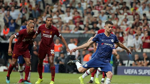 Chelsea's Jorginho scores his side's second goal from the penalty spot during the UEFA Super Cup soccer match between Liverpool and Chelsea, in Besiktas Park, in Istanbul, Wednesday, Aug. 14, 2019.