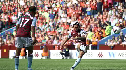 Aston Villa's Douglas Luiz scores his side's first goal of the game, during the English Premier League soccer match between Aston Villa and Bournemouth, at Villa Park, in Birmingham, England, Saturday, Aug. 17, 2019.