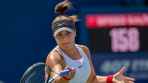Bianca Andreescu, of Canada, hits a forehand to Sofia Kenin, of the United States during the Rogers Cup women’s tennis tournament Saturday, Aug. 10, 2019, in Toronto. (Frank Gunn/The Canadian Press via AP)