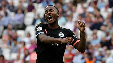Manchester City's Raheem Sterling celebrates after scoring his side's fifth goal during the English Premier League soccer match between West Ham United and Manchester City at London stadium in London, Saturday, Aug. 10, 2019. (AP Photo/Kirsty Wigglesworth)
