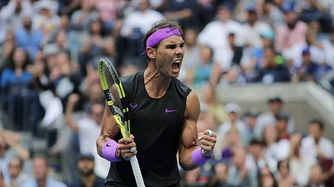 Rafael Nadal, of Spain, reacts after scoring a point against Daniil Medvedev, of Russia, during the men's singles final of the U.S. Open tennis championships Sunday, Sept. 8, 2019, in New York. (AP Photo/Charles Krupa)