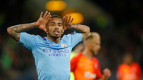 Manchester City's Gabriel Jesus celebrates after scoring his side's third goal during the Group C Champions League soccer match between Manchester City and FC Shakhtar Donetsk in Kharkiv, Ukraine, Wednesday, Sept. 18, 2019. (AP Photo/Efrem Lukatsky)