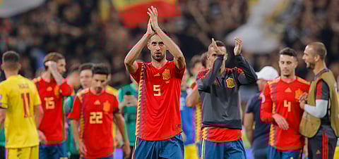 Spain's Sergio Busquets and teammates celebrate a Euro 2020 qualifying match on Sept. 5 (Vadim Ghirda)