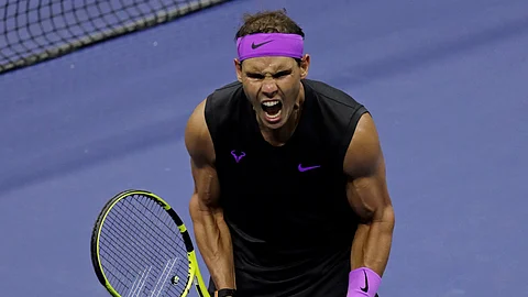Rafael Nadal, of Spain, celebrates after defeating Diego Schwartzman, of Argentina, during the quarterfinals of the U.S. Open tennis tournament early Thursday, Sept. 5, 2019, in New York. (AP Photo/Adam Hunger)