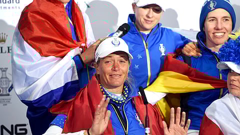 Team Europe's Suzann Pettersen announces her retirement in the post match press conference following Team Europe's victory in the Solheim Cup against the US at Gleneagles, Auchterarder, Scotland, Sunday, Sept. 15, 2019. (Ian Rutherford/PA via AP)