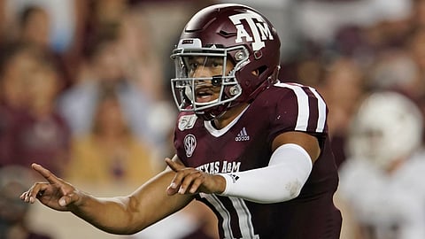 Texas A&M quarterback Kellen Mond (shown playing against Texas State on Aug. 29) takes a shot at top-ranked Clemson (Chuck Burton)