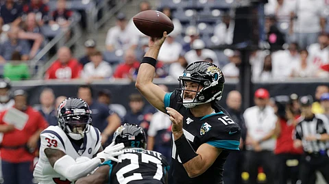 Jacksonville Jaguars quarterback Gardner Minshew (15) throws against the Houston Texans during the first half of an NFL football game Sunday, Sept. 15, 2019, in Houston. (AP Photo/David J. Phillip)